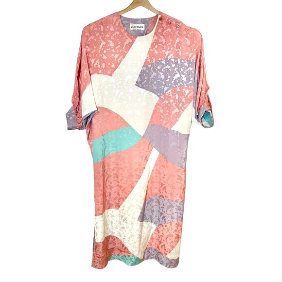 La Chemise Vintage 80s Pastel Abstract Print Silk Mumu Midi Dress Size Large - Picture 1 of 9